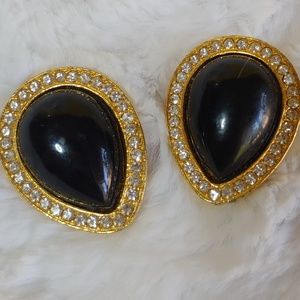 Vintage Gold Black Clip On Rhinestone Earrings